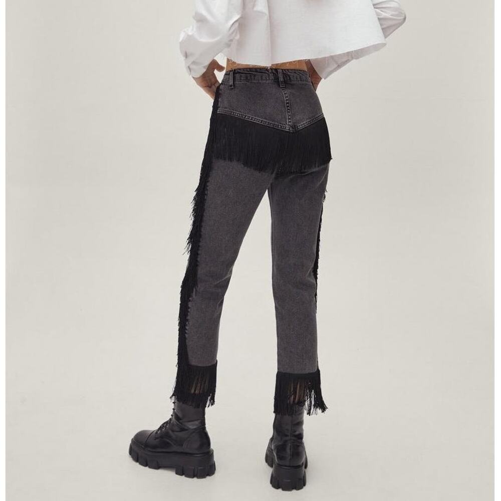 Nasty Gal Fringe Cropped High Waisted Jeans Black Size 6